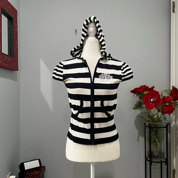 Bebe Silk Striped Y2K Bling Crown Rhinestone Athleisure Zipper Hoodie Sweater L - Picture 15 of 15